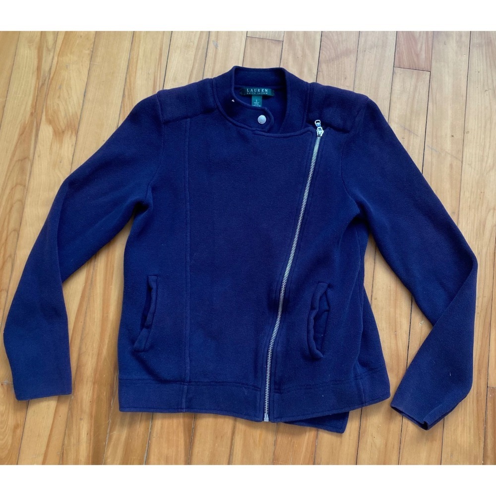 Lauren Ralph Lauren Navy Blue Knit Moto Jacket Asymmetrical Zip Small